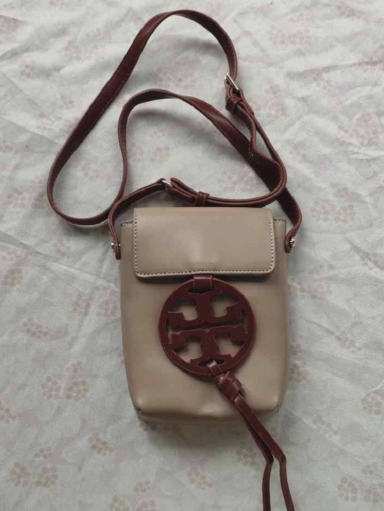Tory Burch Handbags - Tory Burch Beige Mini Crossbody with Brown Logo Accent